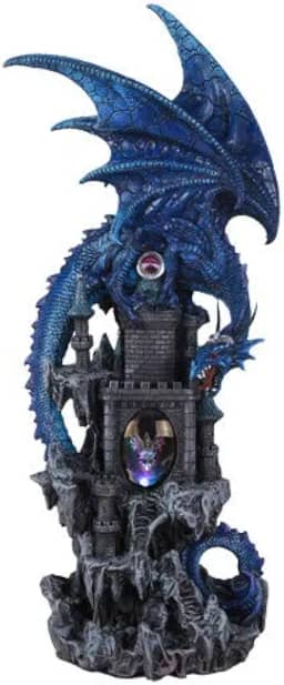 Pacific Giftware Mytical Blue Dragon Protecting Dragon Kingdom Castle com cabeça de dragão iluminada 50,8 cm