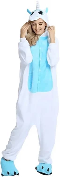 Kigurumi Masculino Roupa de Inverno Fantasia Pijama Unicornio Quentinho com Capuz Bordado Rosa Azul Roxo ou Branco