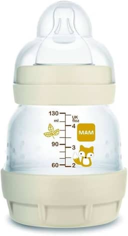 MAM Baby 1 Mamadeira Easy Start 130ml Anticólica e Menos Bolhas de Ar, para Crianças 0+ Meses Autoesterilizável e com Bico de Silicone Skinsoft, Neutra