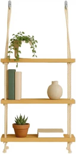 Prateleira De Madeira Suspensa Com Cordas Nicho Decorativo(3)