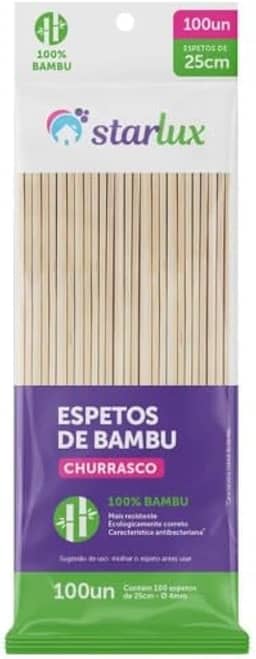 Starlux - Espeto para Churrasco Bambu 4 mm x 25 cm 100 Unidades | Food Grade | Sustentável e Resistente