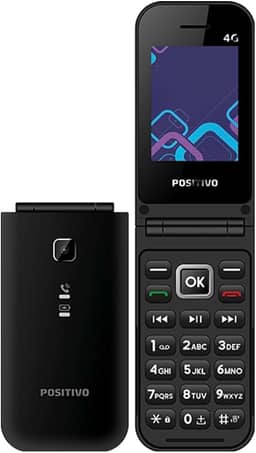 Celular POSITIVO P51, Flip, Função Modem, 4G, Câmera Traseira, Tela 2,4” LCD, Rádio FM, Botão SOS, Dual SIM Preto