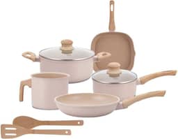 Jogo de Panelas Indução Antiaderente 7 Peças, Revestimento Cerâmico, Alumínio e Fundo Triplo (Vanilla)