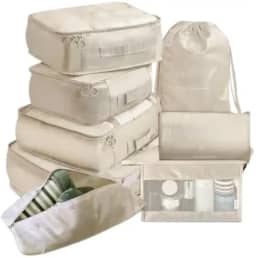 Kit Organizador de Malas para Viagem 8 Peças Conjunto Organizador Completo Bolsas Necessaire Sapatos Maquiagem Roupas Bagagem Organizada (Bege)