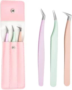 3 pinças de cílios para extensões, ponta de fibra de alta precisão, pinça de extensão de cílios para cílios curvados e kit de pinzas de volume para cílios, uso profissional, rosa, roxo, verde