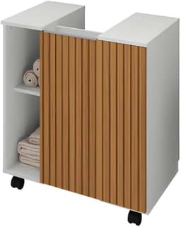 Gabinete Banheiro Para Pia De Coluna Com Rodinhas Armario Moderno E Organizador Com 1 Porta Nichos e Rodízios Pequin (Branco/ripado)