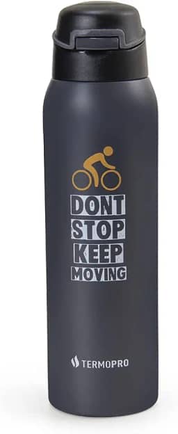 TERMOPRO Squeeze Térmico Fitness Cinza 450 ml Termopro Garrafa Aço Inox Sport Bike Botão Fast Click e Bico Anatômico Bebidas Frias 12h / Quentes 6h