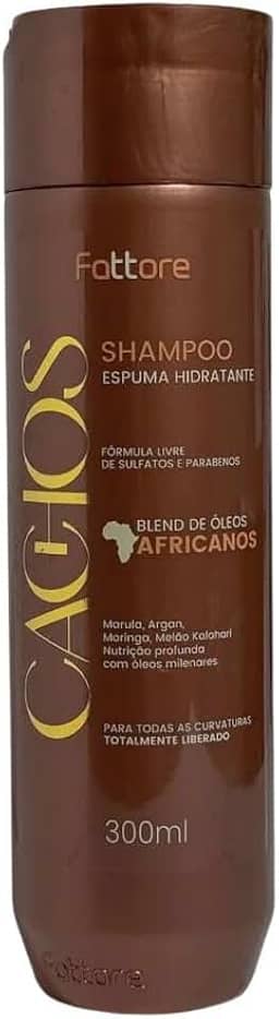 Shampoo Cachos Espuma Hidratante Fattore 300ml Óleos Africanos Limpeza Suave Hidratação Nutrição Definição Cachos Ondulados Cacheados Crespos Curvaturas 2A a 4C