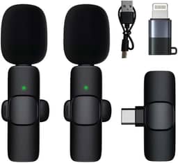 Microfone De Lapela Profissional Kit Com 2 Microfones Adaptador Para Iphone e Receptor Cancelamento De Ruídos Compatível Com Celular, Câmera E PC Conexão Via Bluetooth Para Gravações