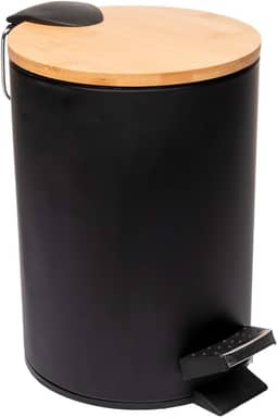 LYOR - Lixeira Redonda De Metal Com Pedal e Tampa Em Bambu Preta 3L
