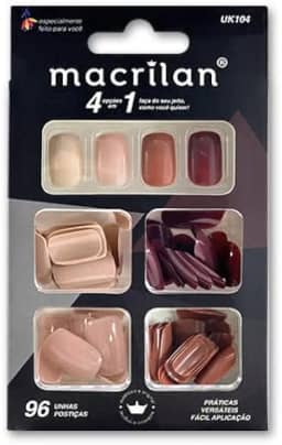 Unhas Postiças - Kit com 96 Peças e 4 Cores, Natural Look, Aplicação Simples - Macrilan UK104
