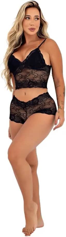 Conjunto de Renda Espera Marido Lingerie c/Forro Sensual Sem Bojo Cropped Calcinha Calesson Caleçon