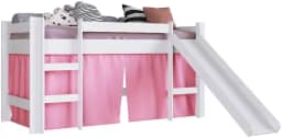 Cama Elevada com Escorregador Branco com Cortina Rosa Lilies Móveis