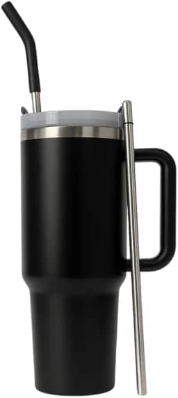 Copo Térmico Aço Inox Fosco com Tampa em Acrílico e Canudo de ferro e plástico - 1200ml (Preto)