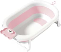 Kids Need - Banheira Infantil Grande 50 Litros Dobrável Retrátil Com Termómetro, Porta Sabonete e Porta Chuveirinho - Individual Ou Kit Com Almofada Assento Travesseiro Flutuande De Banho Para Bebê Com Alça Ajustável. (Banheira Rosa Claro)