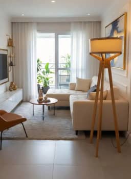 Luminária de Chão Tripé Navi em Madeira, Cúpula Cilíndrica Bege e Marrom, Estilo Moderno