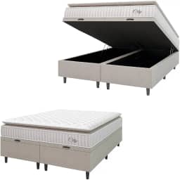 Cama Box Colchão Baú Casal King Molas Ensacadas City Pillow Top 193x203x64cm Hellen - Suporta até 110kg por Pessoa (Bege/Branco)