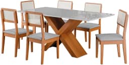 Conjunto de Mesa Sala de Jantar Tampo com Vidro 1,80m Grécia 6 Cadeiras Santiago Madeirado/Cinza