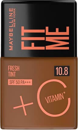 Maybelline NY Fit Me Fresh Tint Base Líquida, Proporciona Efeito Glow Natural, Controla a Oleosidade e Uniformiza a Pele com Vitamina C e FPS 50, Cor 10.8, 30ml