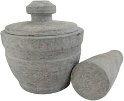 Pilão Em Pedra Sabão Para Alho Temperos Resistente Com Tampa