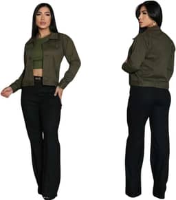 Jaqueta Jeans Feminina Com Barra Botão Forrado Collor Verde Militar