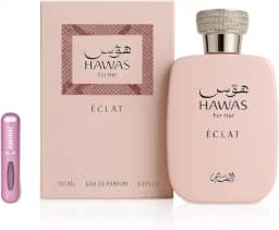 Perfume Hawas Éclat Eau de Parfum de 100 ml, perfume árabe para mulher de longa duração, inclui atomizador recarregável, fragrância feminina floral e luminoso, com notas de líchia, rosa e incenso