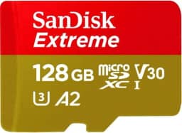 SanDisk Cartão UHS I Extreme microSD de 128 GB para vídeo 4K em smartphones, câmeras de ação e drones 190 MB/s de leitura, 90 MB/s SDSQXAA 128G GN6MN, vermelho/dourado