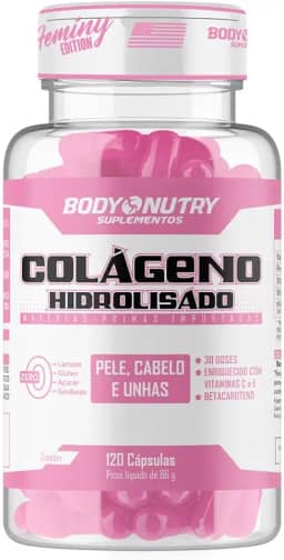 Colágeno Hidrolisado Feminy 120 Cápsulas Pele, Cabelo e Unha + Ácido Ascórbico Vitamina C e Acetato de Tocoferol Vitamina E 0% Açucar e Sem Gluten Collagen Matéria Prima Importada - Body Nutry