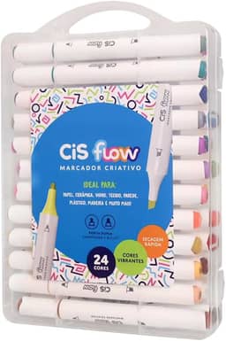 Marcador Criativo Acrílico CIS FLOW, Ponta dupla, Não transfere para o outro lado, Estojo com 24 cores