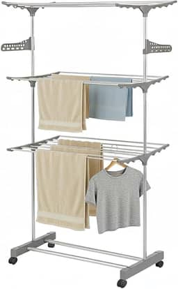 Varal de Chão 3 Andares Dobrável com Rodinhas para Roupas Cabides Toalhas Retrátil Premium