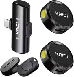 Microfone de Lapela Sem Fio Bluetooth Kit 2 Microfonones Abafamento de Ruído Até 10 Horas Tempo de Trabalho Compatível com Camera, iPhone, Android, PC - Conexão Android e USB-C - Linha Kaidi Premium