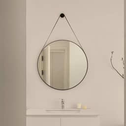 Espelho De Banheiro Decorativo Redondo 50cm com Alça De Couro Preto e Suporte de Fixação para Sala Quarto