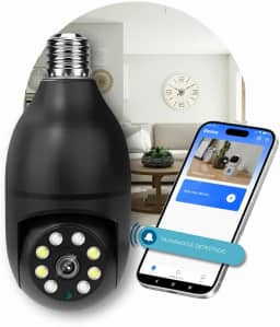 Câmera de Segurança Preta, Bocal, Lâmpada, IP WiFi 360º, Visão Noturna, Sensor Movimento, Com Áudio, Areas Externas e Internas, Camera para Celular