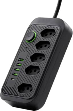 Filtro de Linha, Extensão Tomada, Régua Tomada, Régua de Energia (5 Tomadas + 4 USB + 1 USB-C) – Extensão Elétrica Bivolt 110–220V com Cabo de 2 m | Ideal para Casa, Escritório e Home Office