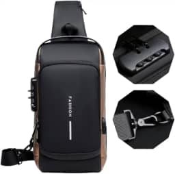 Bolsa Masculina Pochete de Couro Antifurto, Impermeável, com USB, Transversal, Couro, Anti-Roubo, Esportiva, Academia (Preto com Dourado)