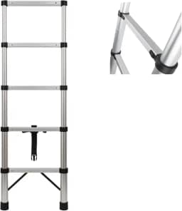 Escada Telescópica 1,8m com 5 Degraus Alumínio Inoxidável, Dobrável e Compacta, Portátil com Travas de Segurança, Antiderrapante, Ideal para Uso Doméstico, Manutenção e Serviços Profissionais