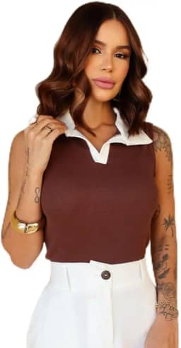 Blusa Polo Feminina Regata, Ribana Canelada, Design Bicolor Preto e Branco, Gola Clássica, Casual