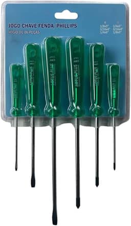 Conjunto Jogo 6 Chaves Phillips E Fenda Com Ponta Imantada Revestimento Níquel Em Aço Carbono