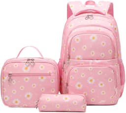 Conjunto de Mochila Escolar Feminina com Estampa de Margarida - 3 Peças com Bolsa de Almoço e Estojo de Lápis