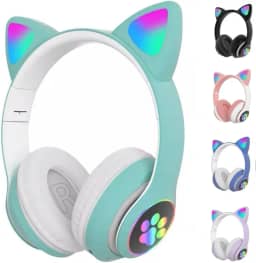 Fone De Ouvido Com Led Infantil Orelhinha Gato MUSICA SEM FIO COLORIDO GATINHO Bluetooth (AZUL)