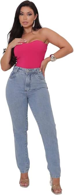 Calça Jeans Feminina Mom Cintura Alta Tecido Grosso Premium Lisa Trabalho Premium