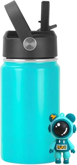 Garrafa Térmica Infantil Inox 350ml com Canudo, Alça e Antivazamento | Acompanha Chaveiro 3D (Verde Água)