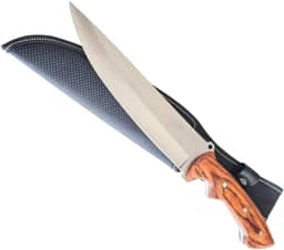 Faca Churrasco Full Tang, 36cm, Cabo de Madeira com Bainha, Lâmina Super Afiada para Cortes de Carnes