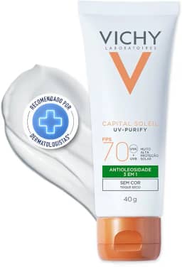 Vichy Capital Soleil Purify, Protetor Solar Facial Antioleosidade e Purificante Para Peles Oleosas com Toque Seco, Ação Antipoluição e Proteção Solar FPS 70 Sem Cor 40g