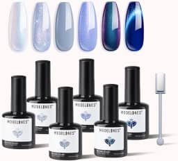 modelones Gel Nail Polish Set, 6 Colors Spring Sky Ocean Blue Collection Glitter Gel Polish Galaxy Dark Blue 9D Cat Eye Nail Polish w Magnet White Soak Off Led Nail Art Kit DIY Gift