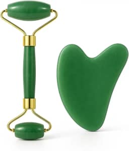 Kit Rolo de Jade + Gua Sha Natural | Massageador Facial e Corporal, Drenagem Linfática, Anti-Idade, Reduz Rugas, Inchaço e Olheiras, Relaxa Músculos, Spa Completo em Casa