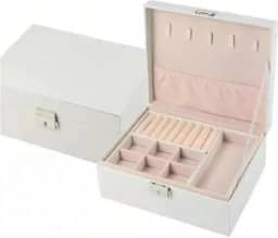 Caixa Porta Jóias Bijouterias em Couro Ecológico com divisórias e chaves (Branco)