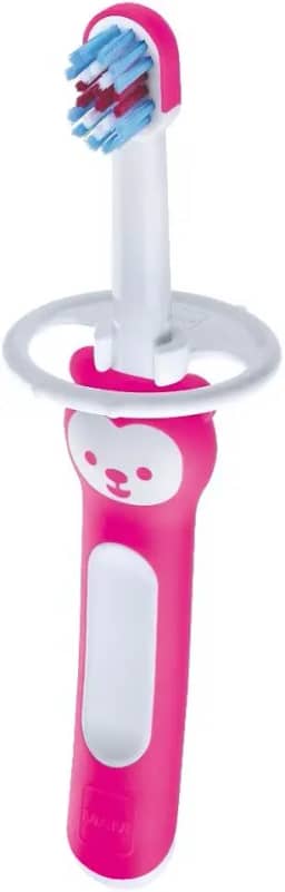 MAM Baby 1 Escova de Dentes Training Brush Com Cabo Extralongo, Ergonômico e Fácil de Segurar para Crianças de 5+ Meses com Trava de Segurança, Rosa