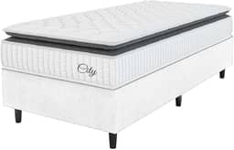 Cama Box Colchão Solteiro Molas Ensacadas City Pillow Top 88x188x61cm Linho Branco/Preto Hellen - Suporta até 110kg por Pessoa
