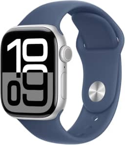 Apple Watch Series 10 GPS • Caixa prateada de alumínio – 42 mm • Pulseira esportiva denim – P/M